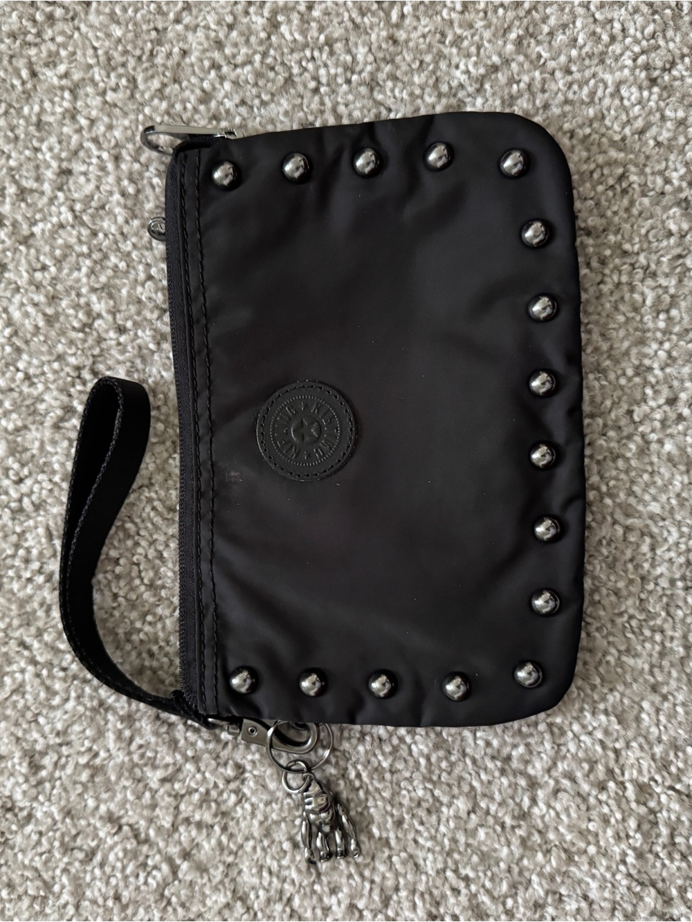 Kipling Black Studded Wristlet Pouch with Charm